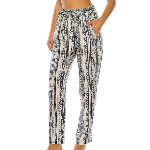 Cali1850 XS Women's Blue and White Aztec Bohemian Paper Bag Linen Pants R6 - Picture 2 of 8